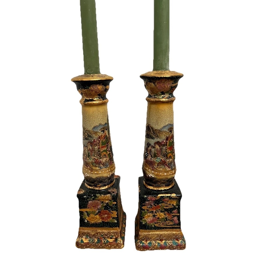 Satsuma Candle Holder Tall Hand Painted Porcelain Floral And Gold 9" tall (2)